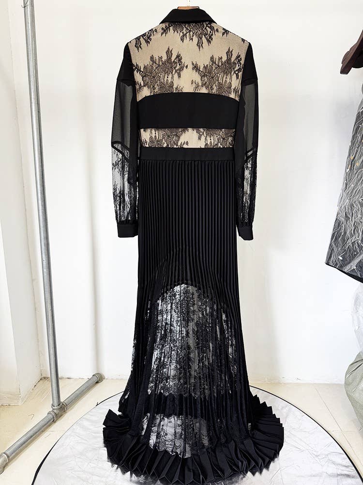 Spring & Summer Pleated Lace Splicing Long Dress