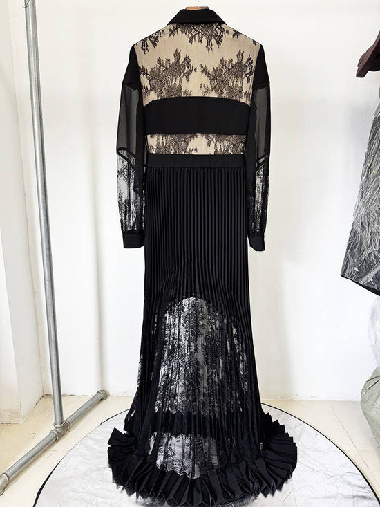 Spring & Summer Pleated Lace Splicing Long Dress