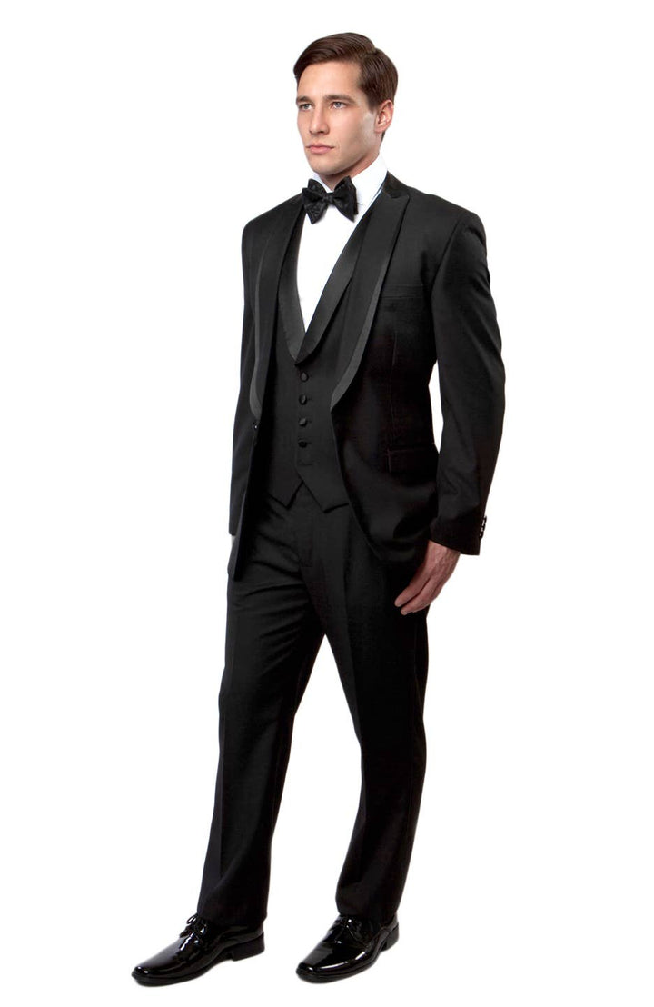 Wedding Tuxedos, 3 PC Tuxedo set w/ Satin Trim, Black/Black