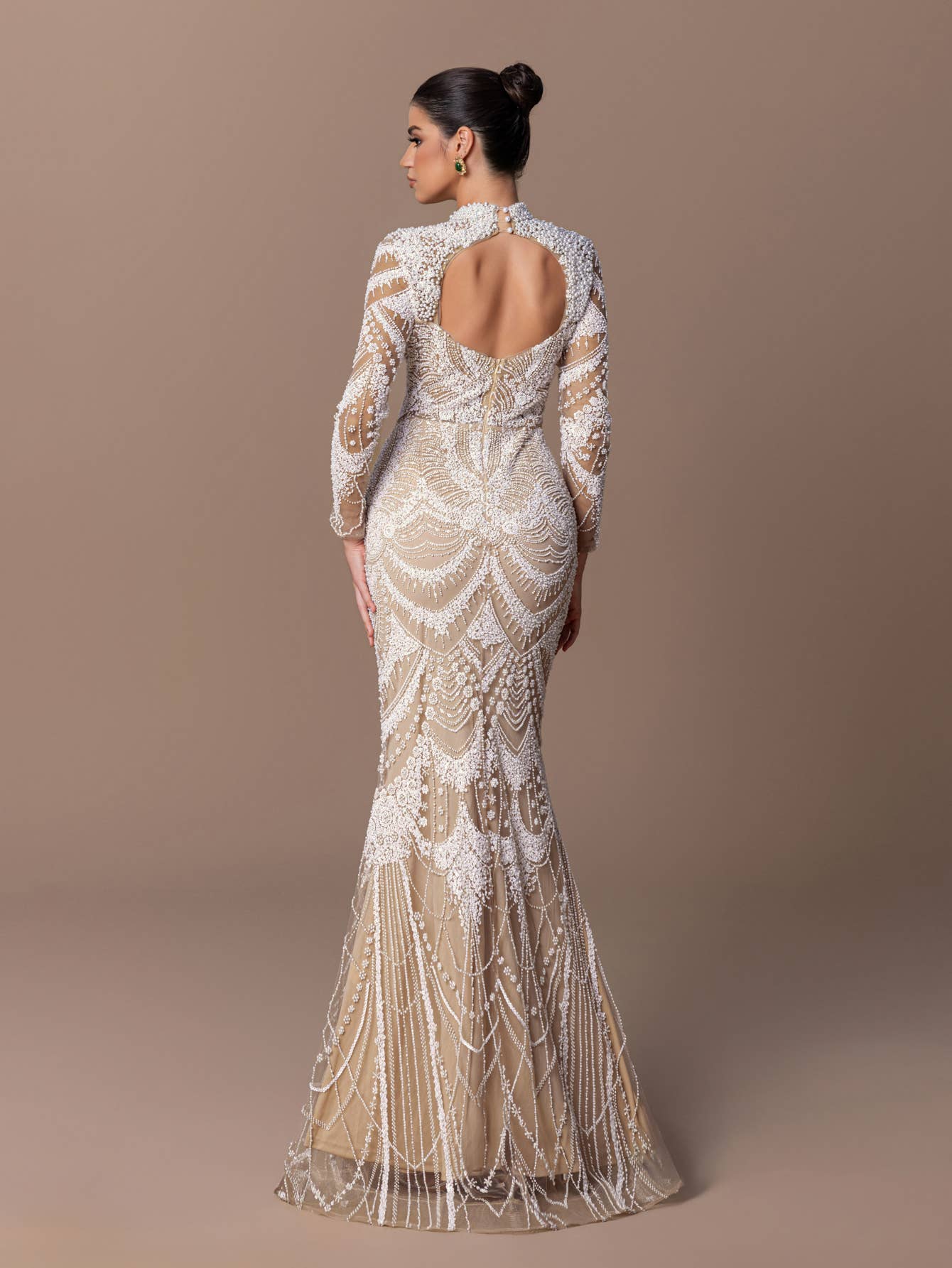 Blue Long Sleeved High Neck Beaded Dress