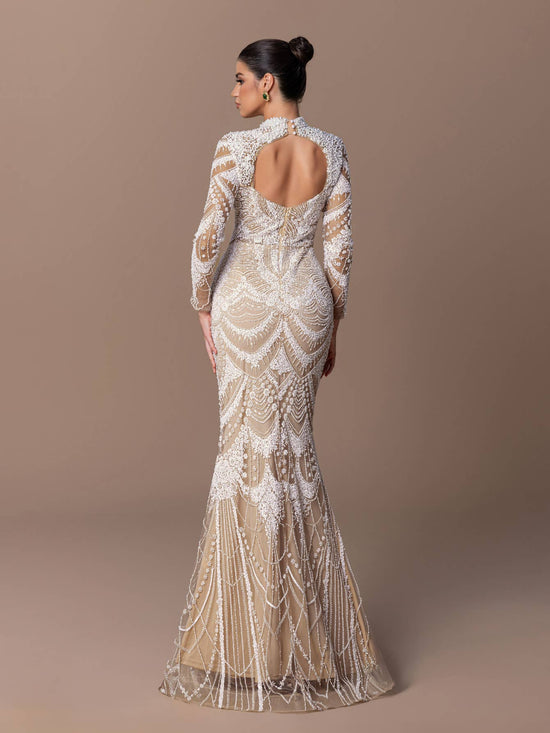 Blue Long Sleeved High Neck Beaded Dress