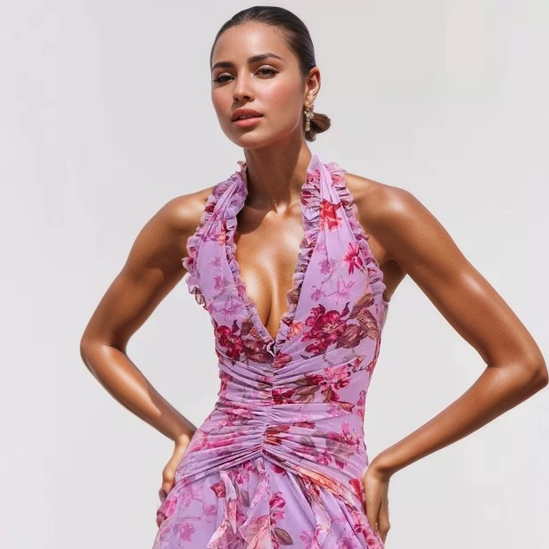Pink Floral Ruffle Short Sleeve Dress