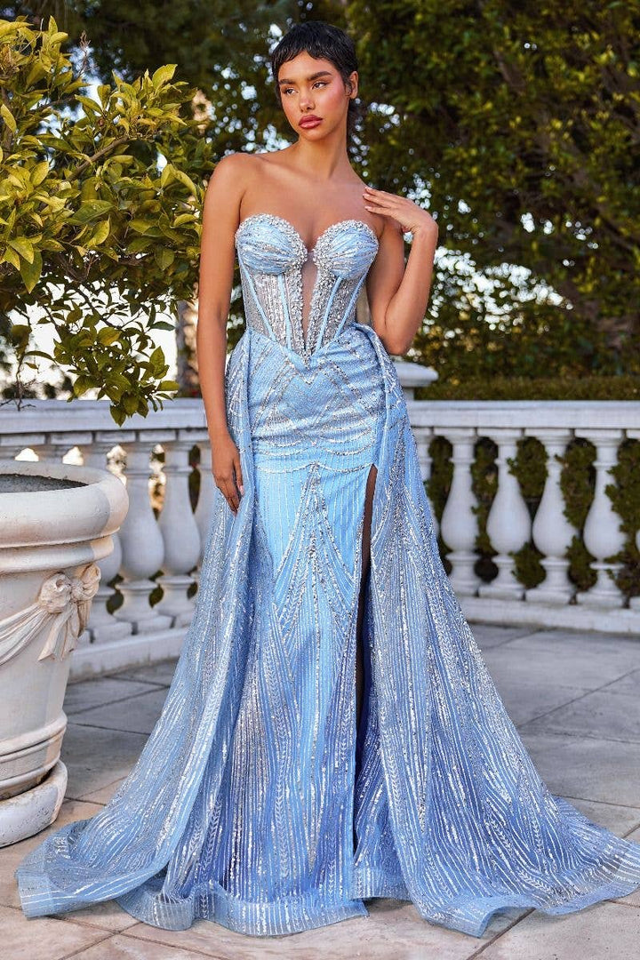Strapless Glitter Printed Gown & Overskirt