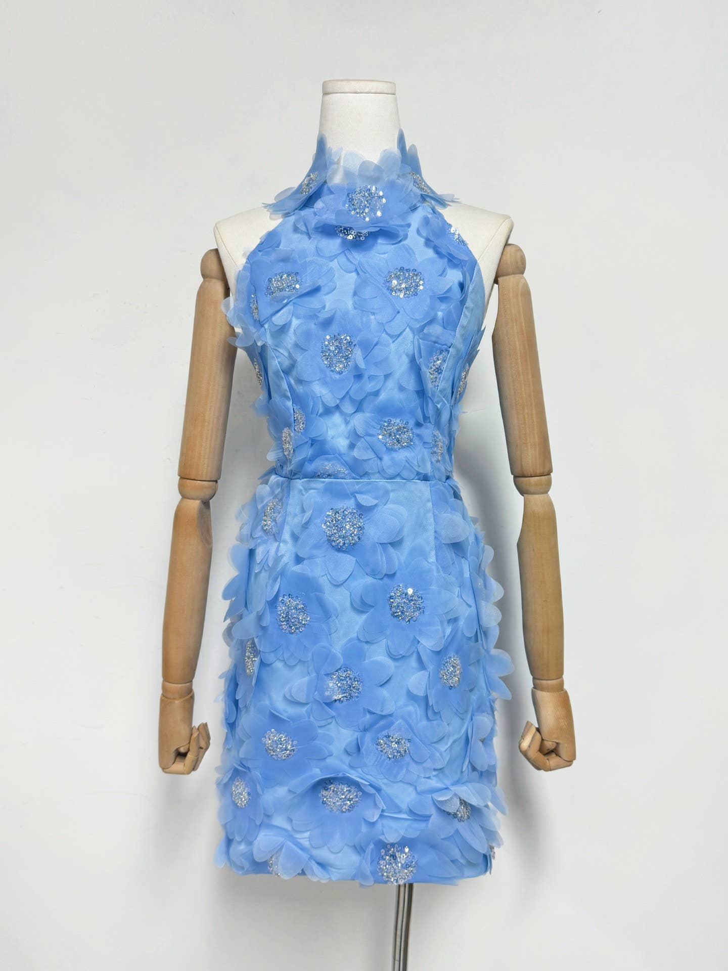 Halter Neck Sequin 3D Floral Backless Mini Dress