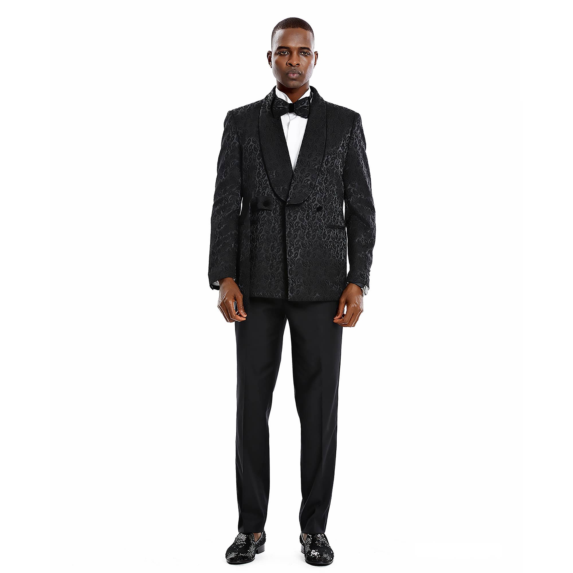 Tazzio 2pc Textured Paisley Double-Breasted Suit, Black