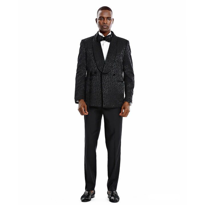 Tazzio 2pc Textured Paisley Double-Breasted Suit, Black
