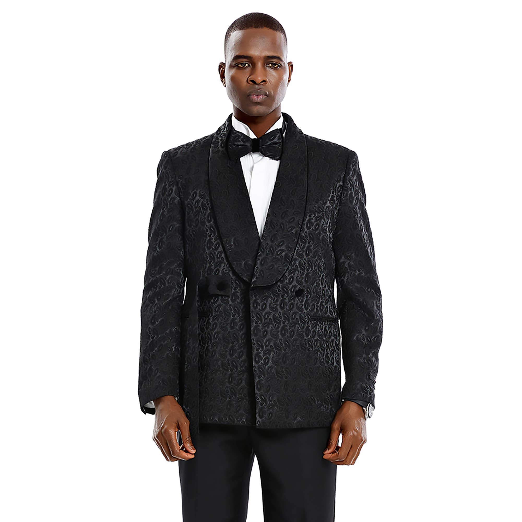 Tazzio 2pc Textured Paisley Double-Breasted Suit, Black