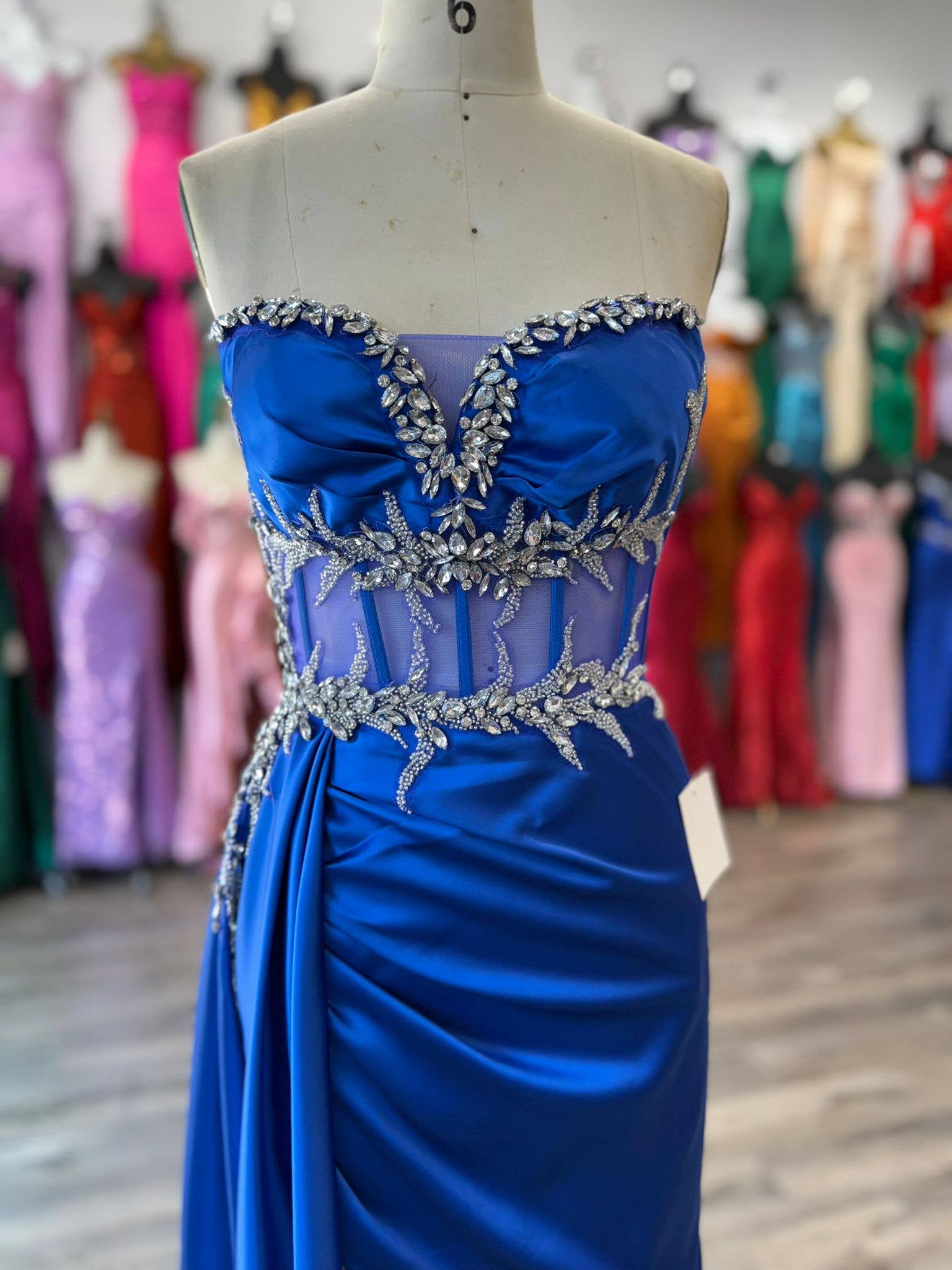 FOR FITTED BEADED HIGH SLIT SATIN DRESS