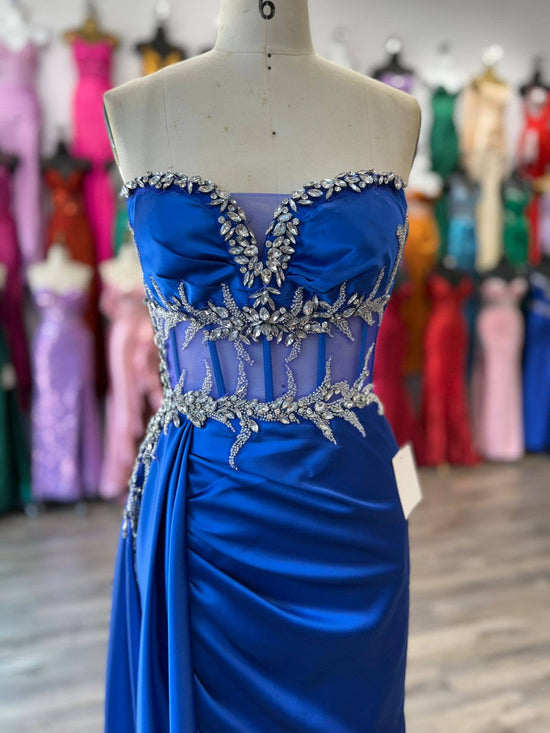 FOR FITTED BEADED HIGH SLIT SATIN DRESS