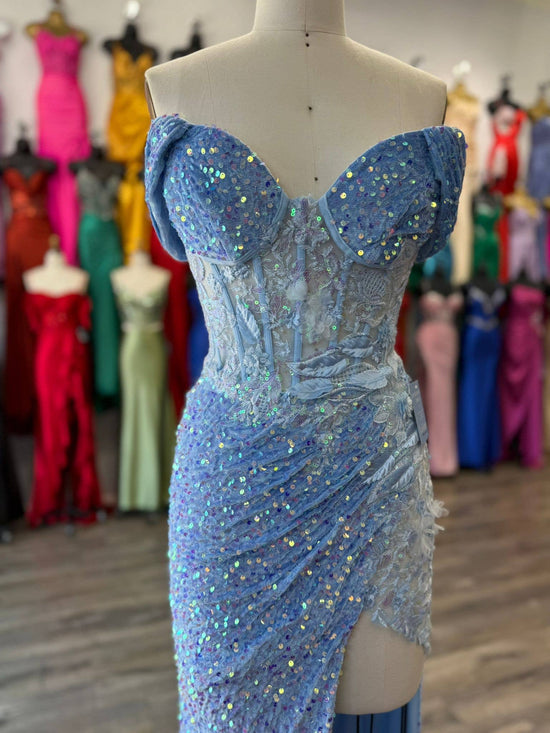 Off Shoulder sweetheart neckline, rhinestone embellished bus