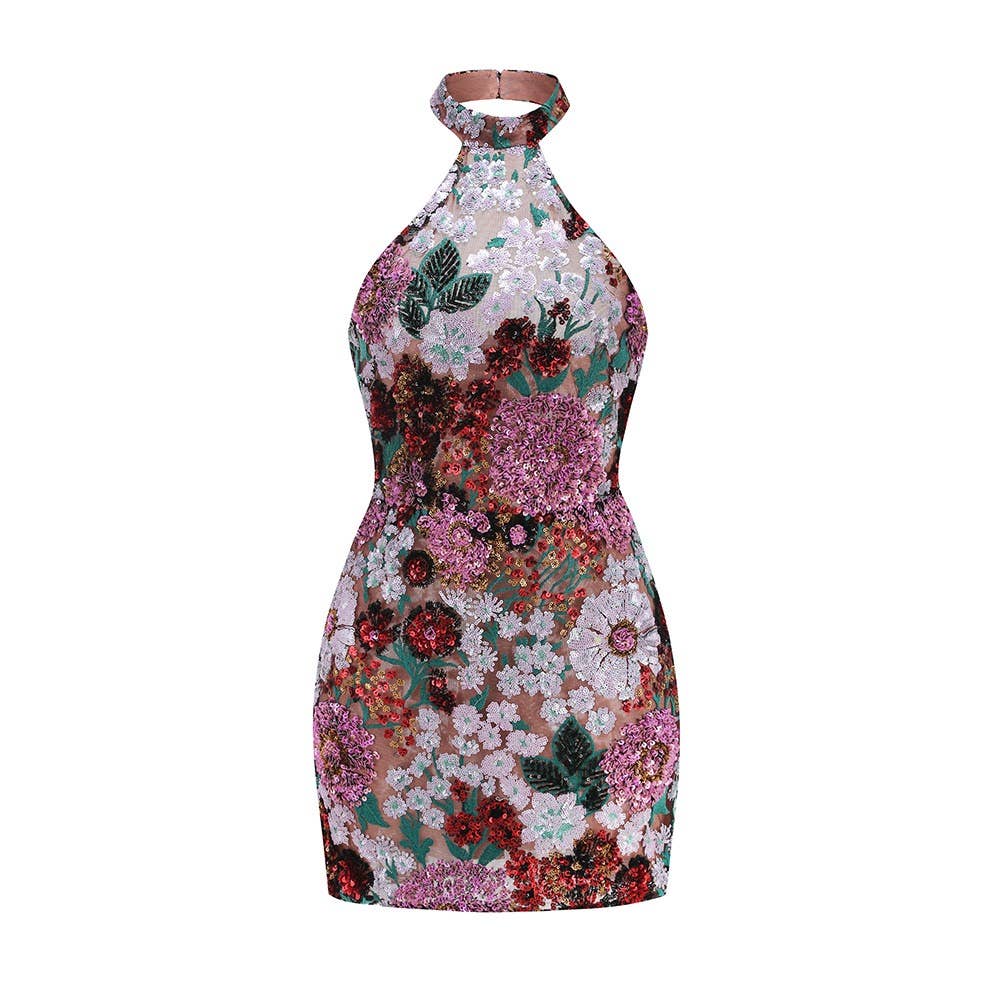 Luxury Beaded Halter Backless Sleeveless Mini Dress