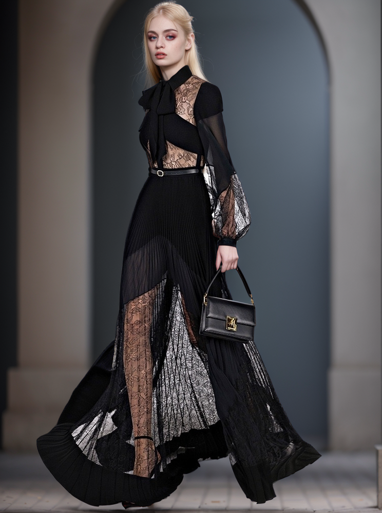 Spring & Summer Pleated Lace Splicing Long Dress