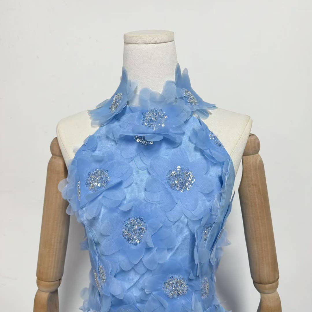 Halter Neck Sequin 3D Floral Backless Mini Dress