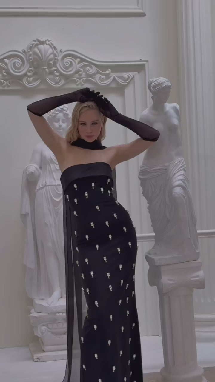 Vintage Elegant Black Strapless Sleeveless Crystal Dress