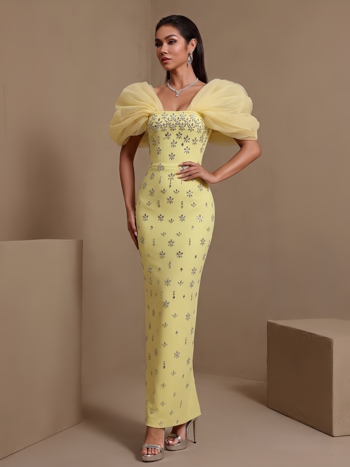 Puff Sleeve Crystal Bandage Dress