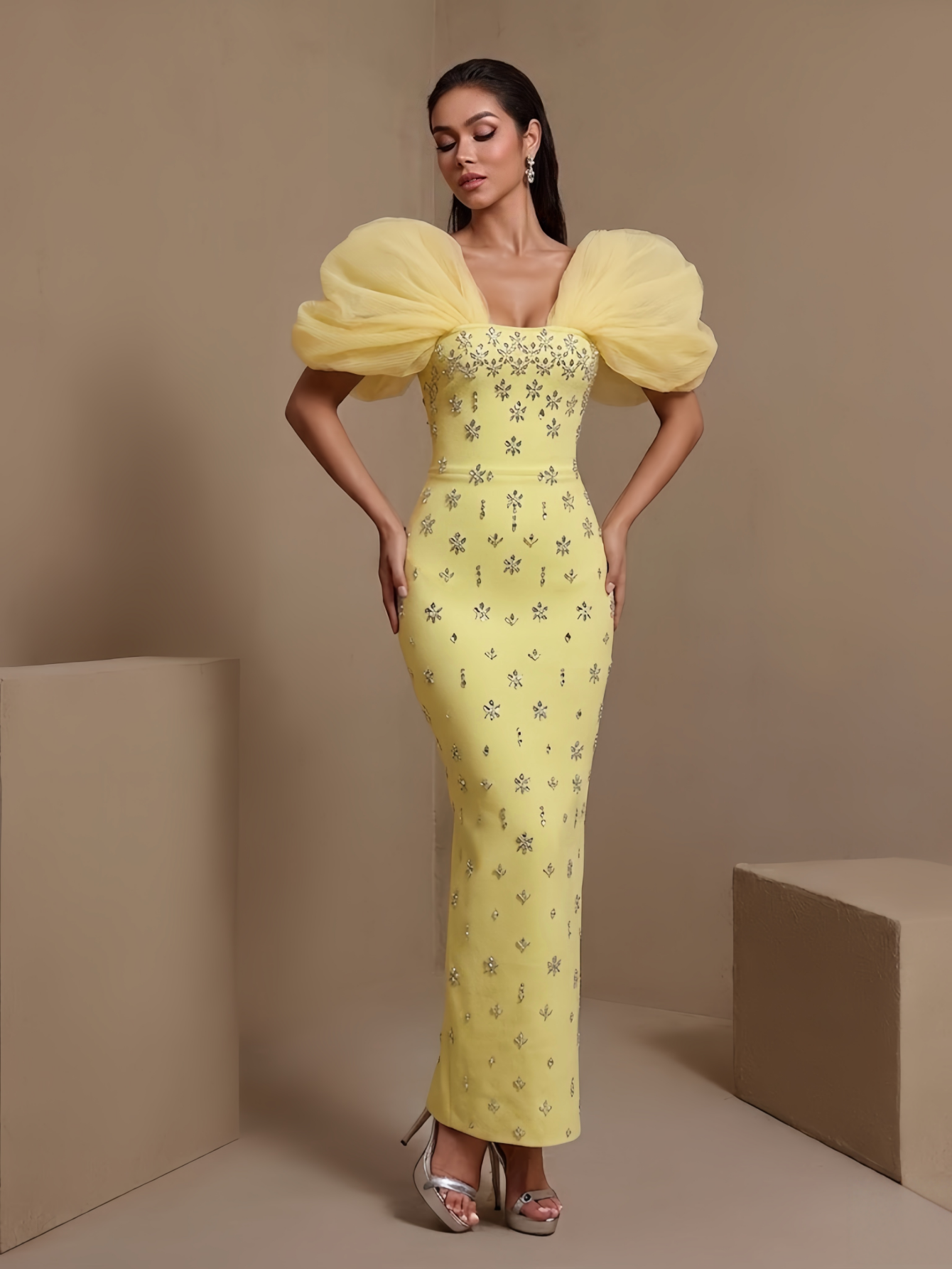 Puff Sleeve Crystal Bandage Dress
